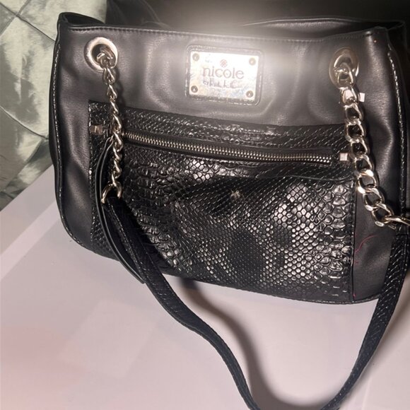 Nicole Miller Satchel Handbag‎ Purse W/chain Black Faux Snakeskin *GS9 - Picture 2 of 6